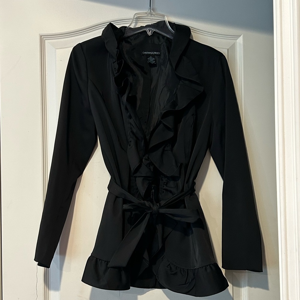 Cynthia Rowley short black trench coat with ruffled opening..
